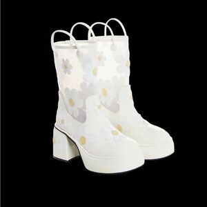 Dolls Kill Cream and Yellow Floral Platform Rain boots